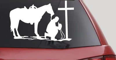 Cowboy and Horse Praying at Cross Country Car or Truck Window Vinyl Decal Sticker