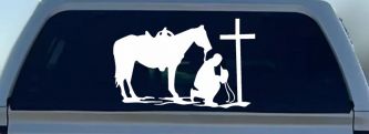 Cowboy and Horse Praying at Cross Country Car or Truck Window Decal Sticker