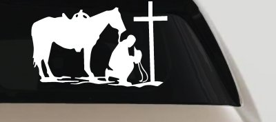 Cowboy and Horse Praying at Cross Country Car or Truck Window Vinyl Decal Sticker