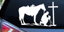 Cowboy and Horse Praying at Cross Country Car or Truck Window Decal Sticker