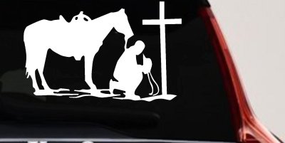 Cowboy and Horse Praying at Cross Country Car or Truck Window Vinyl Decal Sticker