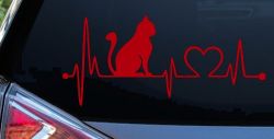 Cat Heartbeat Lifeline Heart Love Car or Truck Window Decal Sticker (Red)