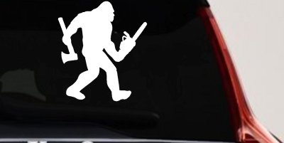 Bigfoot Lumberjack Logger with Axe and Chainsaw Funny Car or Truck Window Vinyl Decal Sticker