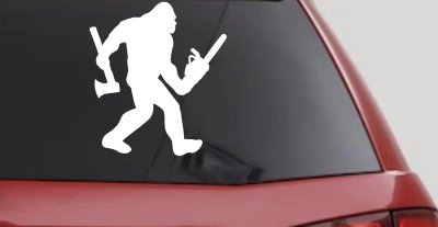 Bigfoot Lumberjack Logger with Axe and Chainsaw Funny Car or Truck Window Vinyl Decal Sticker