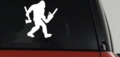 Bigfoot Lumberjack Logger with Axe and Chainsaw Funny Car or Truck Window Vinyl Decal Sticker
