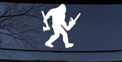 Bigfoot Lumberjack Logger with Axe and Chainsaw Funny Car or Truck Window Decal Sticker