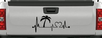 Palm Tree Beach Heartbeat Lifeline Vacation Car or Truck Window Decal Sticker (Black)