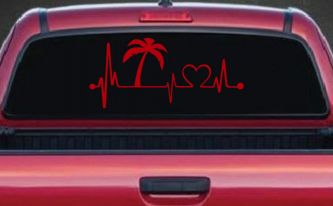 Palm Tree Beach Heartbeat Lifeline Vacation Car or Truck Window Decal Sticker (Red)
