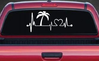 Palm Tree Beach Heartbeat Lifeline Vacation Car or Truck Window Decal Sticker