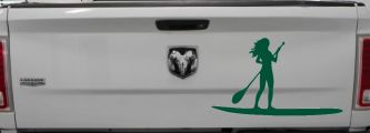 Stand Up Paddleboard with Woman Girl Car or Truck Window Decal Sticker (Dark Green)