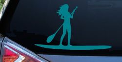 Stand Up Paddleboard with Woman Girl Car or Truck Window Decal Sticker (Turquoise Blue)