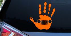 Jeep Wave Jeep Grill in Muddy Waving Hand Print Off Road Car or Truck Window Decal Sticker (Orange)