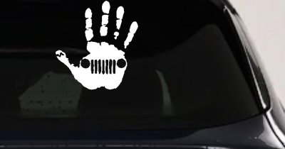 Jeep Wave Jeep Grill in Muddy Waving Hand Print Off Road Car or Truck Window Vinyl Decal Sticker