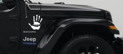 Jeep Wave Jeep Grill in Muddy Waving Hand Print Off Road Car or Truck Window Vinyl Decal Sticker (White)