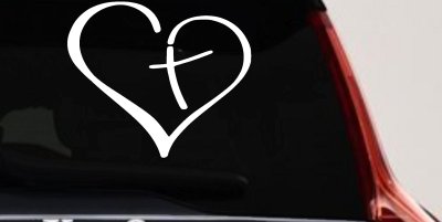 Heart with Cross Inside Christian Car or Truck Window Vinyl Decal Sticker (White)