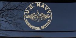 US Navy Submarine Service Dolphins In Circle Military Car or Truck Window Decal Sticker (Desert Sand)