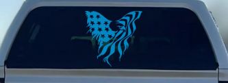 Tattered American Flag Draped Bald Eagle Patriotic Car or Truck Window Decal Sticker (Blue)