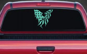 Tattered American Flag Draped Bald Eagle Patriotic Car or Truck Window Decal Sticker (Mint)