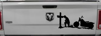 Christian Biker Kneeling at The Cross Car or Truck Window Decal Sticker (Black)