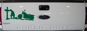 Christian Biker Kneeling at The Cross Car or Truck Window Decal Sticker (Dark Green)