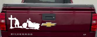 Christian Biker Kneeling at The Cross Car or Truck Window Decal Sticker (White)
