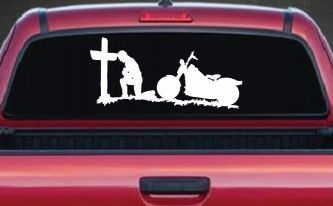 Christian Biker Kneeling at The Cross Car or Truck Window Decal Sticker
