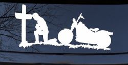 Christian Biker Kneeling at The Cross Car or Truck Window Decal Sticker