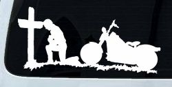 Christian Biker Kneeling at The Cross Car or Truck Window Decal Sticker