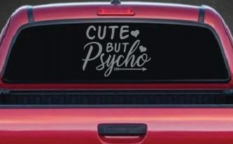 Cute But Psycho Hearts and Arrow Funny Car or Truck Window Decal Sticker (Telegrey)