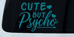Cute But Psycho Hearts and Arrow Funny Car or Truck Window Decal Sticker (Turquoise Blue)