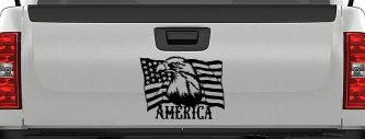 Bald Eagle Over The American Flag Patriotic Car or Truck Window Decal Sticker (Black)