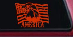Bald Eagle Over The American Flag Patriotic Car or Truck Window Decal Sticker (Orange Red)