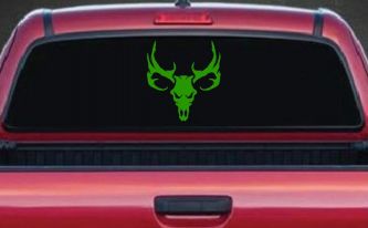 Tribal Buck Deer Skull with Huge Horns and Rack Hunting Car or Truck Window Decal Sticker (Lime)