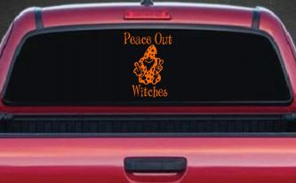 Peace Out Witches With Wizard Shooting Bird and Peace Sign Funny Car or Truck Window Vinyl Decal Sticker (Orange)