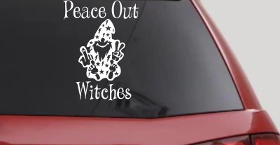 Peace Out Witches With Wizard Shooting Bird and Peace Sign Funny Car or Truck Window Vinyl Decal Sticker