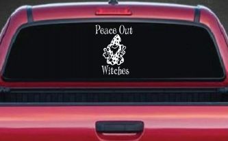 Peace Out Witches With Wizard Shooting Bird and Peace Sign Funny Car or Truck Window Decal Sticker