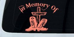In Memory Of Cowboy Boots and Cross Car or Truck Window Decal Sticker (Coral)