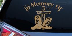 In Memory Of Cowboy Boots and Cross Car or Truck Window Decal Sticker (Light Brown)