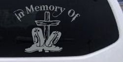 In Memory Of Cowboy Boots and Cross Car or Truck Window Vinyl Decal Sticker (Telegrey)