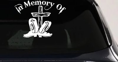 In Memory Of Cowboy Boots and Cross Car or Truck Window Vinyl Decal Sticker