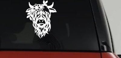 Cute Long Hair Cow with Flowers Car or Truck Window Vinyl Decal Sticker