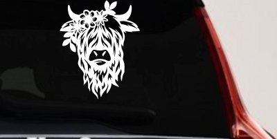 Cute Long Hair Cow with Flowers Car or Truck Window Vinyl Decal Sticker