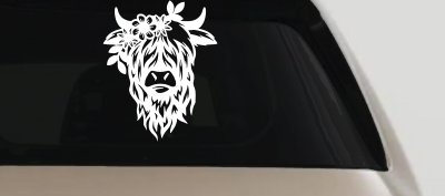 Cute Long Hair Cow with Flowers Car or Truck Window Vinyl Decal Sticker