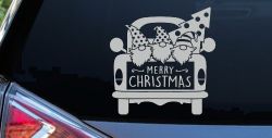 Merry Christmas Gnomes in Truck Bed Christian Car or Truck Window Decal Sticker (Light Gray)