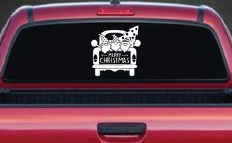 Merry Christmas Gnomes in Truck Bed Christian Car or Truck Window Decal Sticker