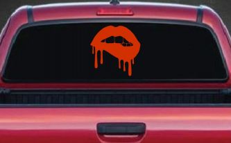Biting Bleeding Lips Gothic Halloween Car or Truck Window Vinyl Decal Sticker (Orange Red)