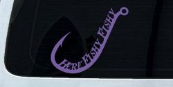Here Fishy Fishy Fishing Hook Fishing Car or Truck Window Vinyl Decal Sticker (Purple)