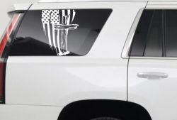 Worn American Flag With Old Wooden Cross Christian Car or Truck Window Vinyl Decal Sticker (White)