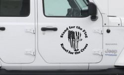Stand for the Flag Kneel for the Cross worn US Flag and Cross Christian Car or Truck Window Decal Sticker (Black)