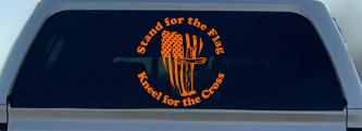 Stand for the Flag Kneel for the Cross worn US Flag and Cross Christian Car or Truck Window Decal Sticker (Orange)